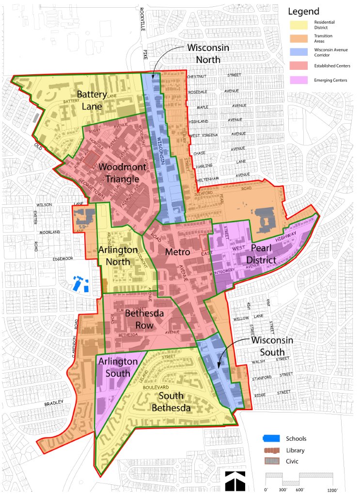 I was looking at Redfin and just realized that downtown is divided into 5  neighborhoods: Bethesda West, Bethesda Row, Wisconsin South, Woodmont  Triangle, and Wisconsin North. This shows up on map apps