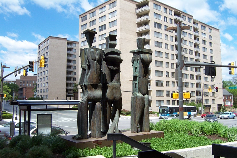 "The Three Suns" by Naum Knop, 1985; 8737 Colesville Road, Silver Spring; Bronze and Steel; 10ft tall.