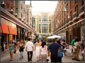 People walking on a busy commercial busy street.