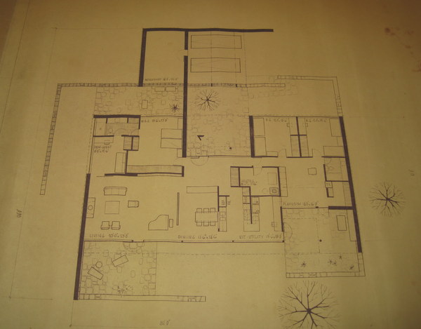 A hand drawn floor plan of the Seymour Krieger House
