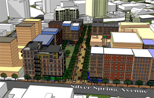 A Planners' rendering showing the redevelopment of parking lot 3 and adjacent parcels between Thayer and Silver Spring Avenues to include a large green space.